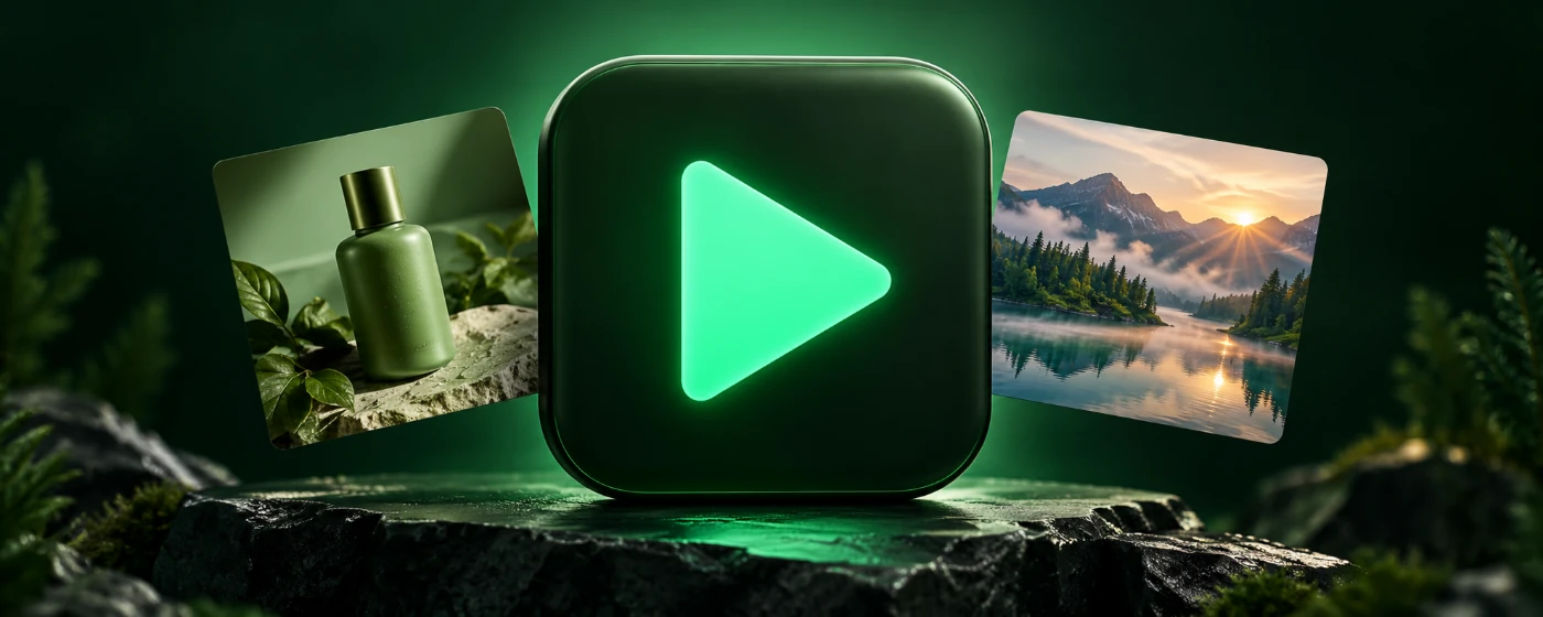 Video studio icon with product and landscape reference artwork