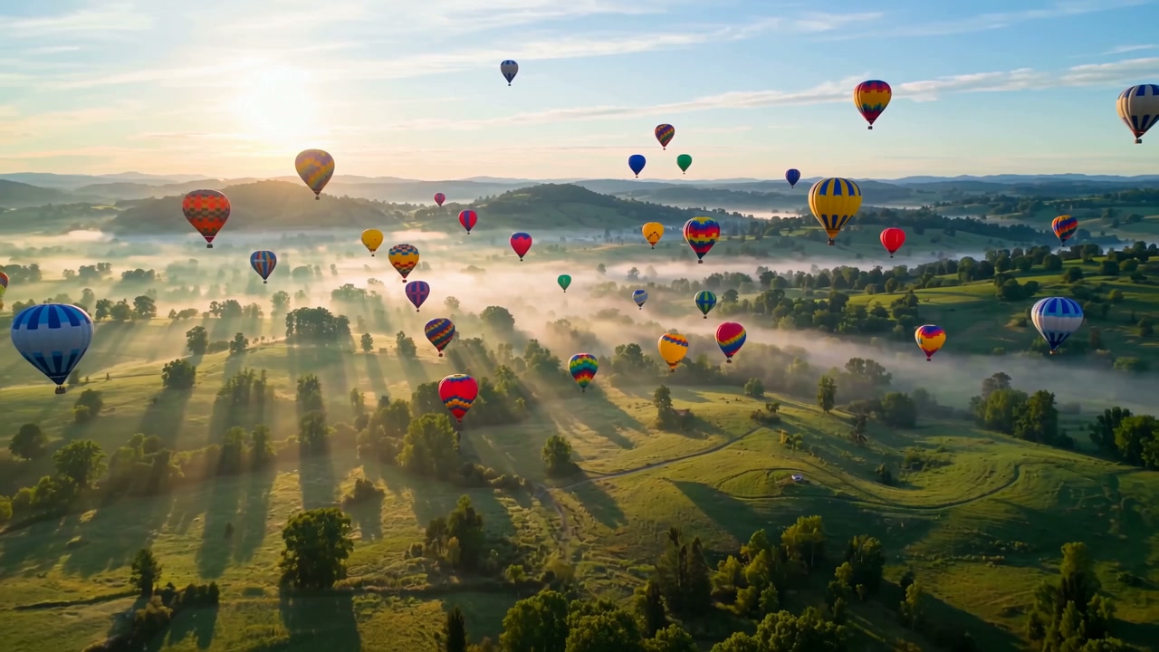 Hot air balloons over a misty valley, generated from text